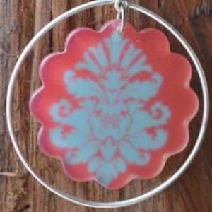 🐸 turquoise red damask acrylic pendant on blue ribbon adjustable necklace (513)